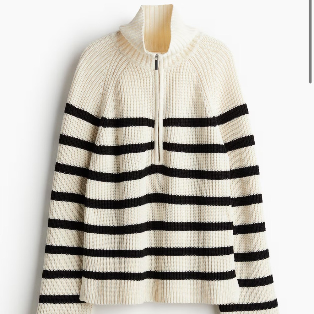 H&M Striped Quarter Zip Longsleeve Sweater in Black and Cream